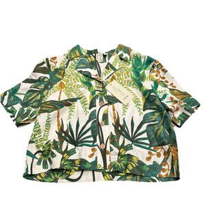Joie Palm Tree Blouse Short Sleeve Button Up Linen Blend Size Small 2 Coastal